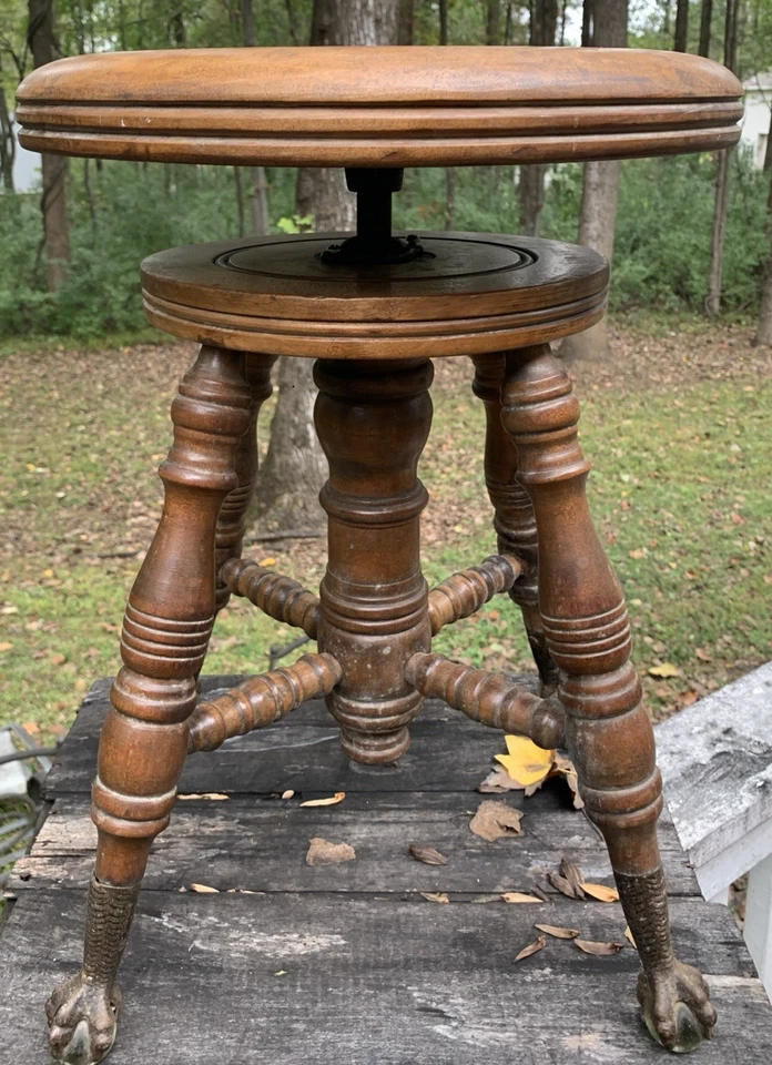 Antique SIGNED! Antique Victorian Wooden Piano Stool Glass Ball & Claw Feet BEST - Image 1 of 4