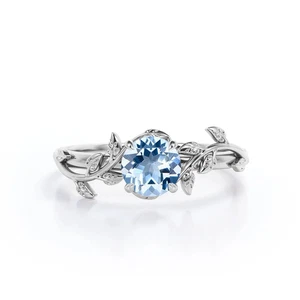 Nature Inspired Leaf 1 Ct Round Cut 6MM Aquamarine Engagement Ring for Women - Picture 1 of 8