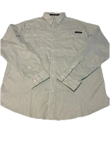 Columbia PFG Shirt Mens Medium Green White Plaid Long Sleeve Fishing Vented UV - Picture 1 of 7