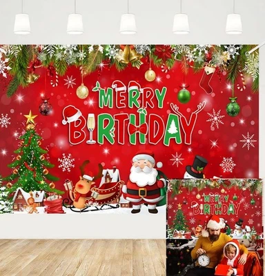 "Merry Birthday" - Christmas Banner Backdrop Red 6x3.6ft  - Image 1 of 4