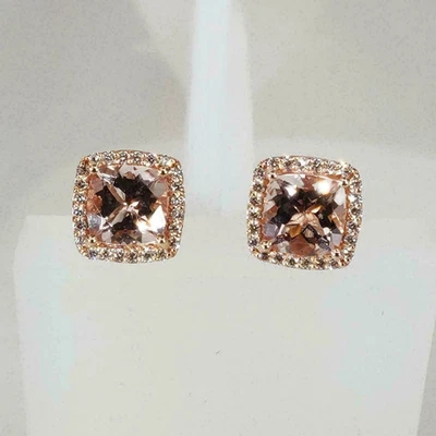 Morganite Diamond Halo Stud Earrings 4Ct Cushion Cut 14K Rose Gold FN - Image 1 of 4