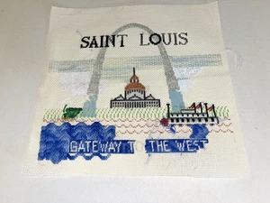 HAND PAINTED NEEDLEPOINT CANVAS, ST. LOUIS, GATEWAY TO THE WEST, PARTIALLY DONE - Picture 1 of 8