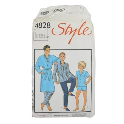 Style 4828 Child Boys Pajamas Robe Sewing Pattern Size 7-12 Uncut Pants Shorts - Image 1 of 4