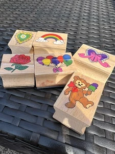 Juego de 6 estampillas de madera artesanales temáticas infantiles lindas de colección usadas - Imagen 1 de 13