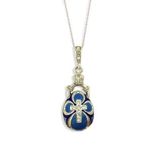 Blue 925 Sterling Silver Gold Plated Ornate Jeweled & Enameled Egg Pendant 1" - Picture 1 of 1