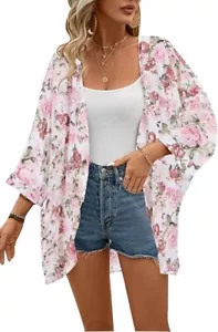 Women's Floral Print Sheer Chiffon 3/4 Bat Sleeve Casual Loose Kimono Cardigan C - Picture 1 of 6