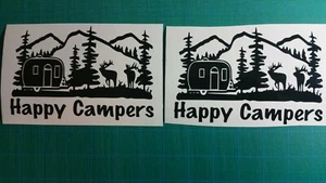 (2) Happy Camper RV decals Mountain trees elk deer vinyl sticker window trailer - Picture 1 of 2