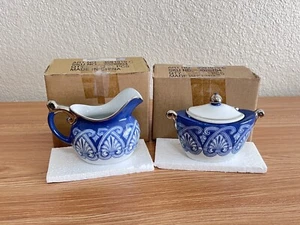 Vintage Bombay Tile Sugar Creamer Set Blue White with Platinum Pattern - Picture 1 of 14