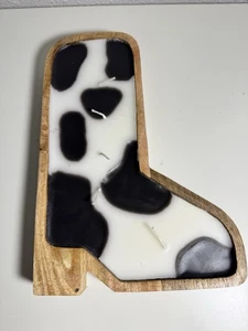 Cow Print Candle In Wooden Cowboy Boot Holder, Wild West Country Cowgirl Rodeo - Picture 1 of 4