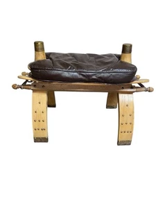 Vintage Egyptian Camel Saddle Stool Wood Brass Leather Boho 1970’s Exotic - Picture 1 of 17