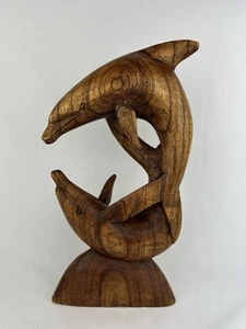 Carved Wood Dolphin Statue Sculpture Double Dolphins Ocean Sea Life Gift BN23 - Picture 1 of 9