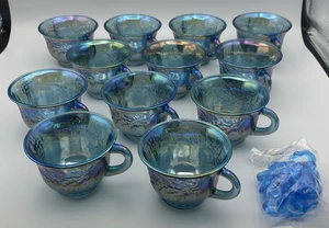 Vintage Imperial Glass Iridescent Blue Carnival Princess Punch Bowl Cups Set 12 - Picture 1 of 8