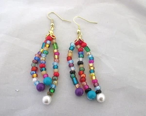 3" Drop Dangle Bead Earrings Multi Color Beads Gold Accents Scrap Ditty - Picture 1 of 3