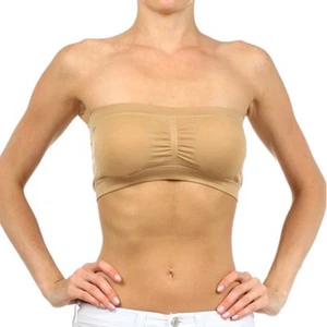 Womens Strapless Padded Bra Bandeau Tube Top Removable Seamless Crop Khaki - Picture 1 of 1