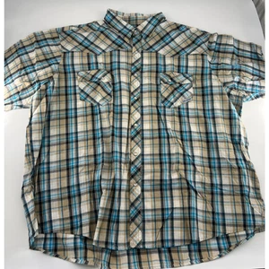 Camicia Wrangler uomo taglia 3X blu marrone a quadri western cowboy manica corta perla - Foto 1 di 7