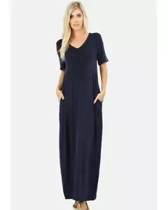 Keeping It Comfy Short Sleeve V-Neck Maxi T-Shirt Dress with Pockets in Navy - Picture 1 of 3
