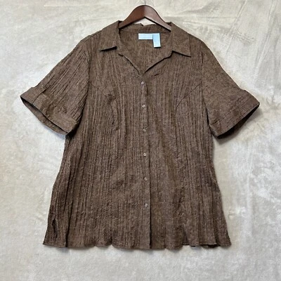 Liz & Me 1X Top Stretch Short Sleeve Brown Floral Semi Sheer Wide Cuff Button Up - Изображение 1 из 4