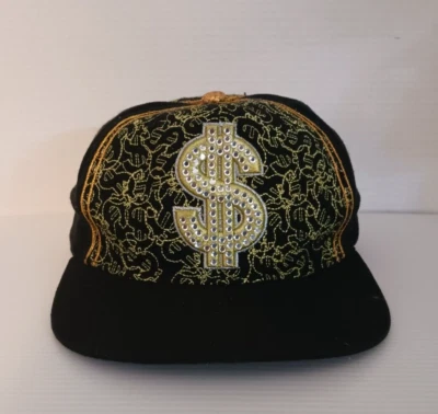 Gorra Hustle $ bordada para hombre Leader Sport XL ajustada negra dorada pedrería Foto 1 de 4