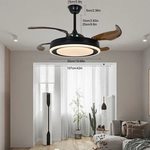 42'' Modern Invisible LED Ceiling Fan Light Retractable Remote Chandelier Lamp - Picture 1 of 24