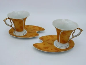 Italienisches Design Porzellan Tasse & Untertasse Set - Goldgelbe Straußenfedern - Bild 1 von 13