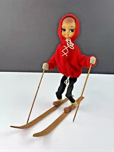 Vintage Pixie Elf Girl Skier with Red Felt Hooded Coat Wooden Skis/Poles 9" - Picture 1 of 16