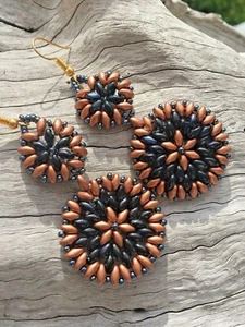 Boho Handmade Mandala Beadwork Drop Dangle Midnight Blue Copper Earrings - Picture 1 of 9