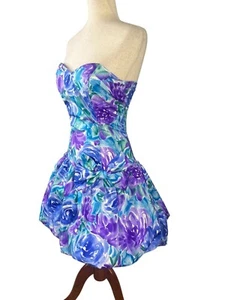 Vtg 80s Strapless Bubble Skirt Prom Party Dress Sz Small Floral Bow Colorful - Picture 1 of 13