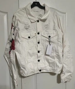 GOLDEN WHITE DISTRESSED FLORAL DENIM JACKET LOS ANGELES Size Medium New-w-Tag - Picture 1 of 13