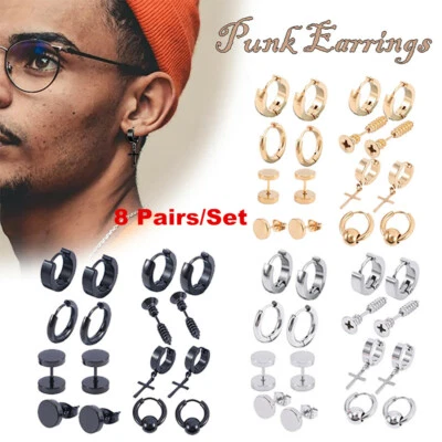 8 Pairs Stainless Steel Punk Black Earrings Stud Piercing Men Hoop Gothic Unisex - Image 1 of 4