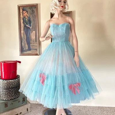 Vintage 1950s Strapless Sky Blue Tulle Cupcake Pink Bows Prom Dress Ball Gown S - Image 1 of 4