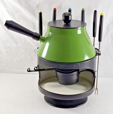 Vintage MCM Astro Safety Swing Fondue Party Set Avocado Green Gailstyn w/ Forks - Image 1 of 4