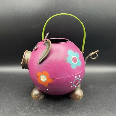 Handcrafted Metal Pink Floral Pig Watering Can Plant Country Garden Porch Decor - Image 1 of 4
