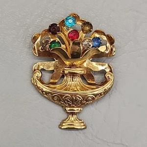 Vintage Flower Basket Brooch Multicolor Rhinestone Gold Tone 2" - Picture 1 of 12