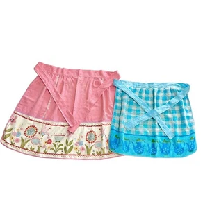 2 Vintage Apron Pink Turquoise Flowers Teapots 1/2 Mid Century Feminine Cotton - Picture 1 of 9