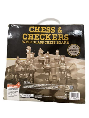 Vintage Crystal Chess and Checkers Set, in box with glass chess board NEW - Image 1 of 3