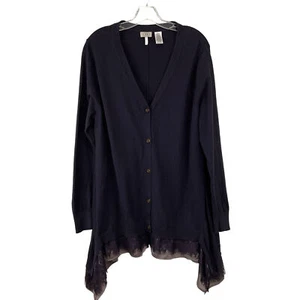 LOGO Lori Goldstein Button Up Knit Tunic Top Cardigan Eggplant Cashmere Layers L - Picture 1 of 9