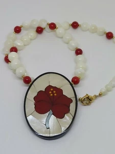 Lee Sands Red Poppy Flower Mother of Pearl Inlay Pendant Beaded Necklace - Picture 1 of 9