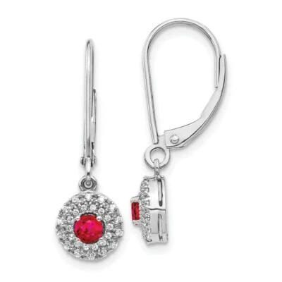 14k White Gold Diamond Halo Ruby Leverback Dangle Earrings - Image 1 of 2