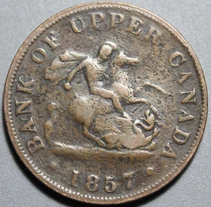 1857 BANK OF UPPER CANADA DRAGONSLAYER HALF PENNY TOKEN - Imagen 1 de 2