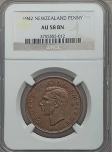 NEW ZEALAND GEORGE VI 1942 PENNY COIN, ALMOST UNCIRCULATED NGC CERTIFIED AU58-BN - Picture 1 of 4