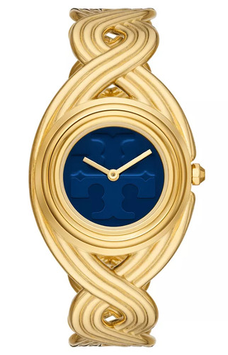 NUOVO orologio Tory Burch Miller bracciale intrecciato oro e blu navy TBW6213