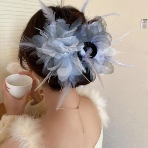 Ahoney Grey Flower Hair Clips 5.1" Feather Hair Clips for Women Non Slip Ostrich - Picture 1 of 5