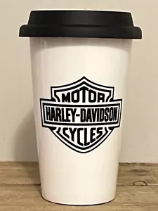 Harley-Davidson Motorcycles Logo White Ceramic Travel Cup W/Silicone Lid 10 Oz - Picture 1 of 3