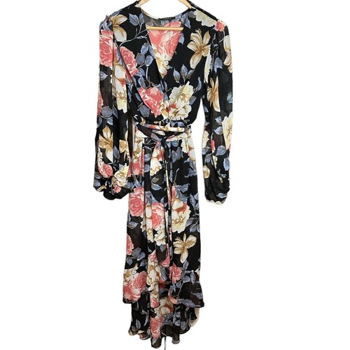 VETEMENTS Papaya Vestito Avvolgente Floreale Scollo a V Maniche Lunghe Cintura Romantico Fluido Spiaggia Taglia M