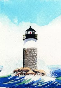 Ram Island Lighthouse Boothbay, Maine. Tarjetas de notas de acuarela - Imagen 1 de 2