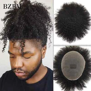 Mens 6mm Afro Curly 1B Natural Black Wave Human Hair Men's Toupee Full Lace Base - Picture 1 of 11