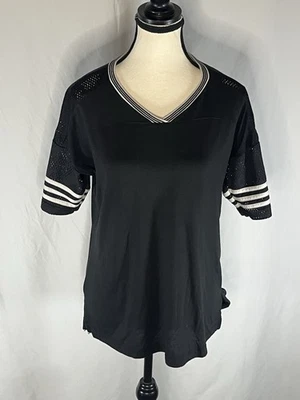 Camisa deportiva para mujer Adidas Performance manga malla cuello en V negra con rayas blancas Foto 1 de 4