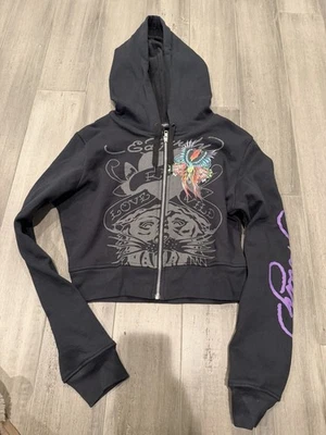 Sudadera con capucha recortada con cremallera talla grande negra vintage Y2K Ed Hardy para mujer Foto 1 de 4