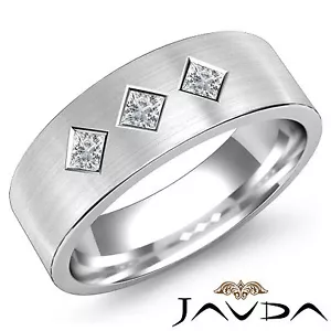 6.5mm 3 Stone Princess Diamond Ring Mens Half Wedding Band 18k White Gold 0.45Ct - Picture 1 of 6