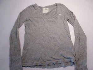 Abercrombie Youth Girls Size L V-Neck Shirt Gray Long Sleeve Stretch Logo Casual - Picture 1 of 6